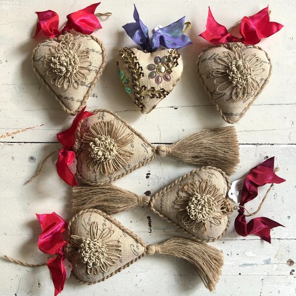 SET6 Jute Hearts with Tassels, Flowers, Beaded